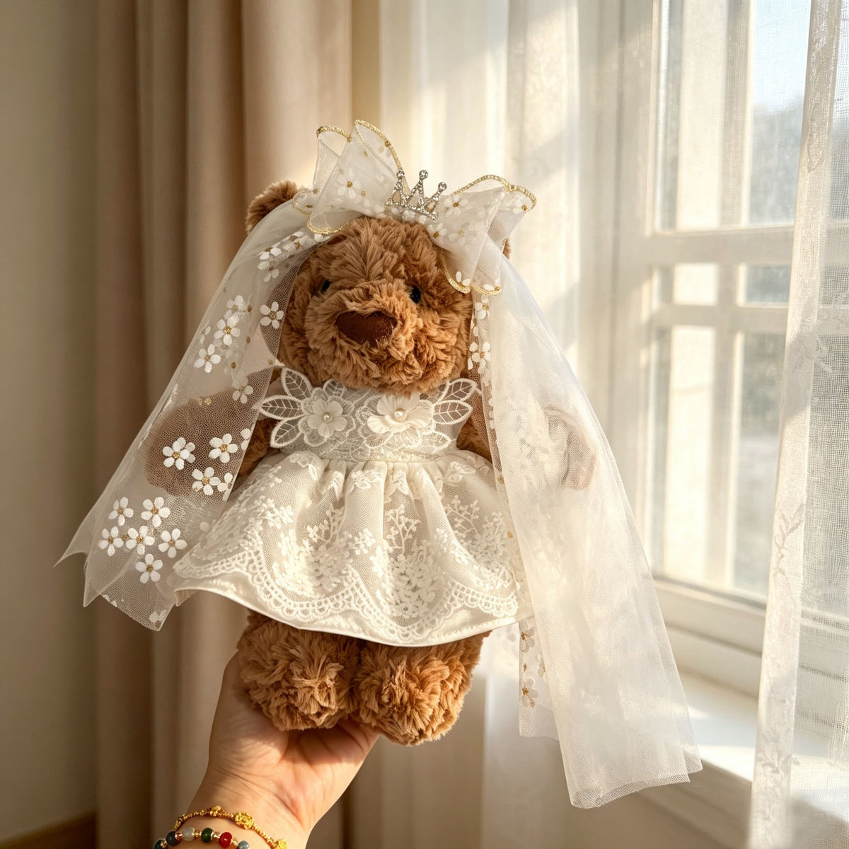 Rhinestone Crown Wedding Dress Set for Bartholomew Bear Plush – 10-Inch Outfit