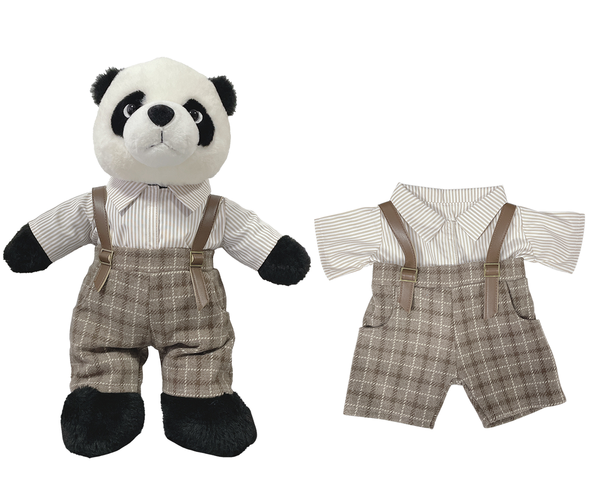 Striped Shirt & Gray Plaid Overalls Outfit for Bartholomew Bear Plush – 14-Inch Outfit