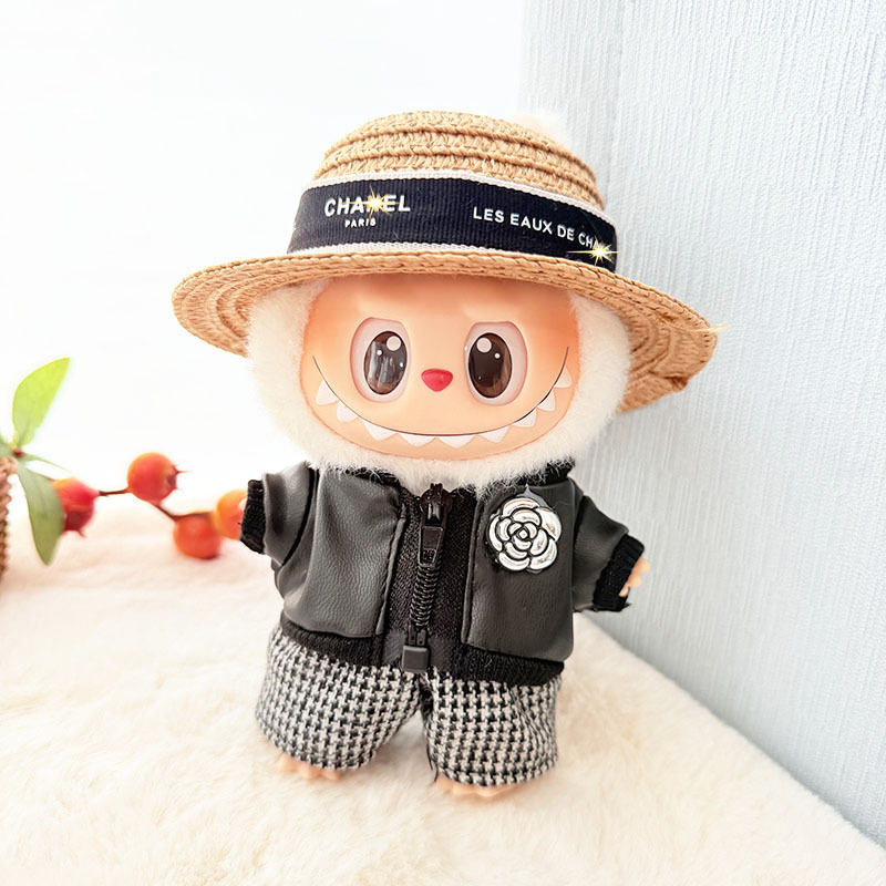 4inch bag charm cute custom clothes outfits - Black leather jacket with straw hat - 0523