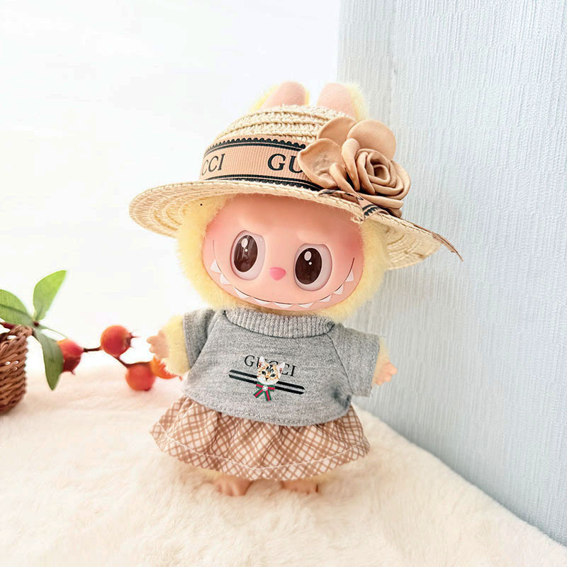 4inch bag charm cute custom clothes outfits - Chanel's style grey T-shirt with straw hat - 0523