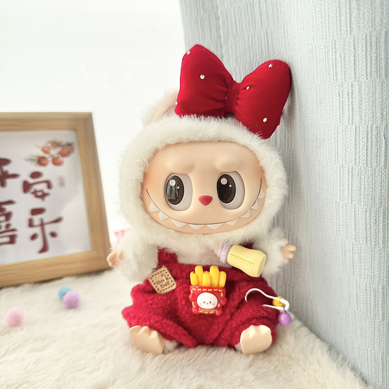 4inch bag charm cute custom clothes outfits - red overall & bow - 031810