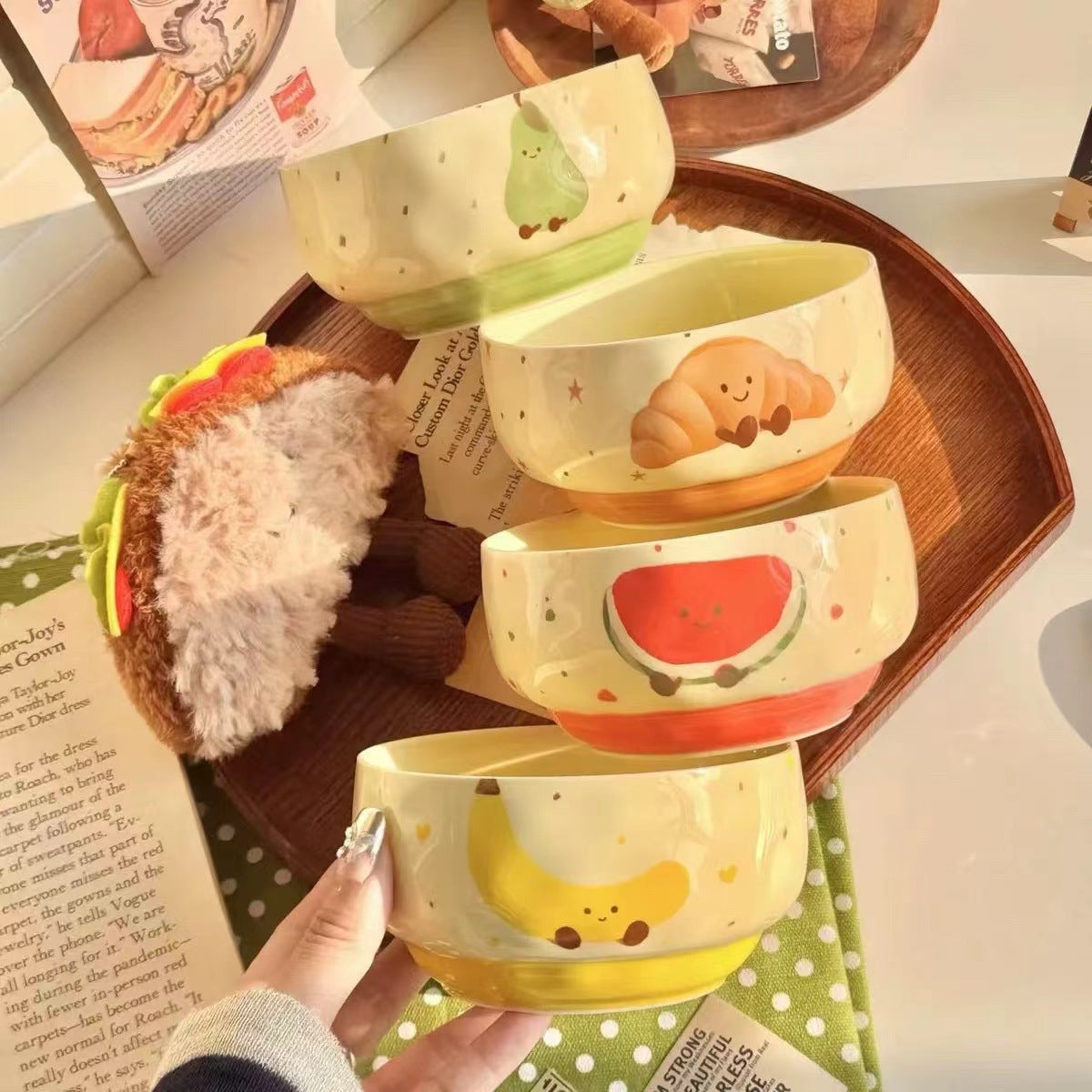 Adorable Cute Fruit Croissant Ceramic Rice Bowl Underglaze Tableware with Spoon set of 4