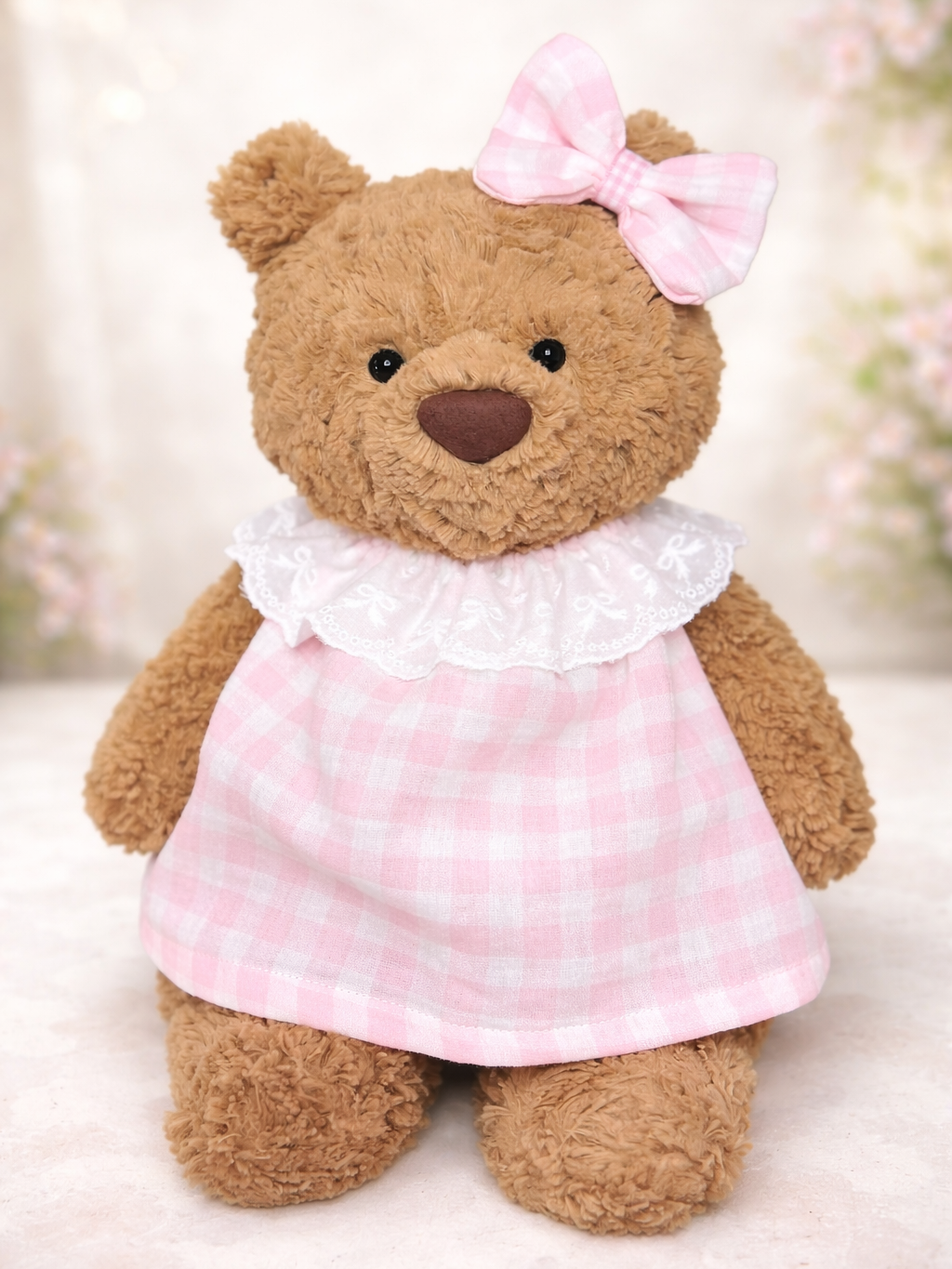 Pink Plaid Dress with Bow Costume for Bartholomew Bear Plush – 10–16 Inch Outfit