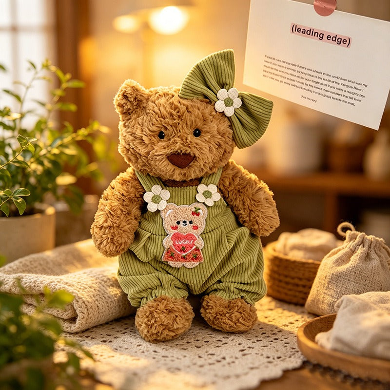 Medium Bartholomew bear clothes outfits - Green Floral Overalls