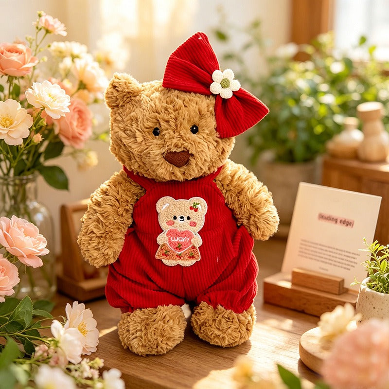 Medium Bartholomew bear clothes outfits - Red Floral Overalls
