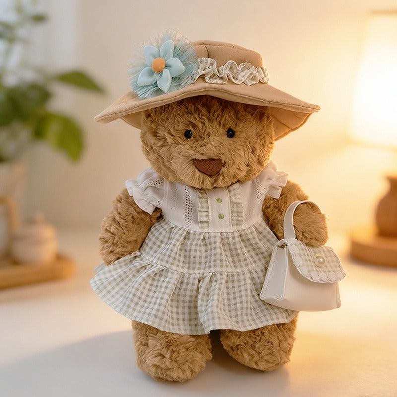 Medium Bartholomew bear clothes outfits - Green Plaid Dress with Handbag & Green Floral Sun Hat