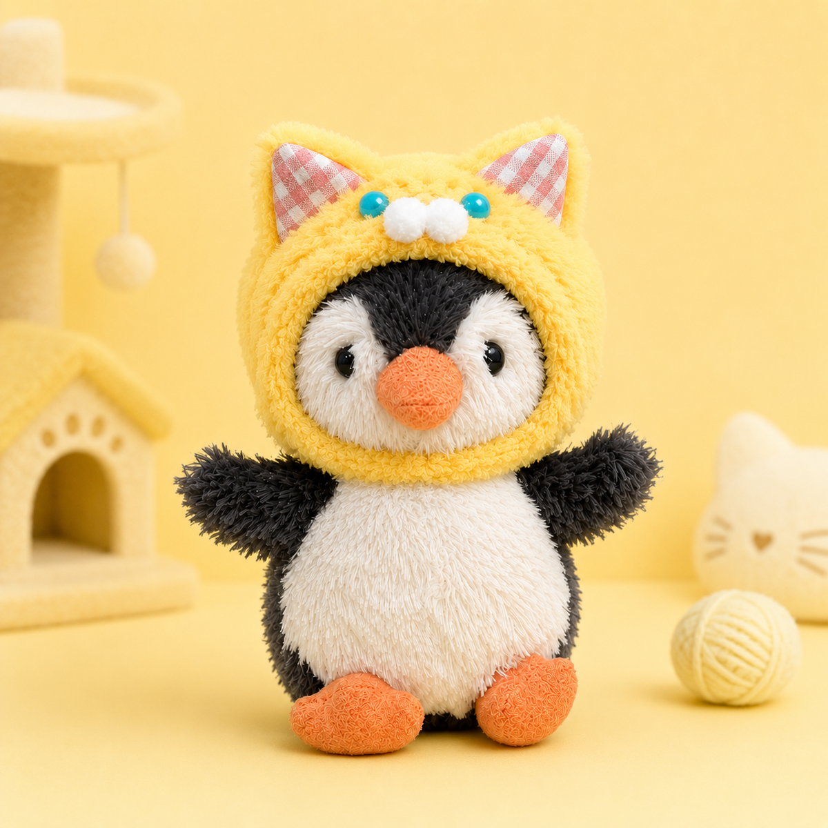 Yellow Cat Plush Hood Costume for Peanut Penguin Plush – 3-Inch Outfit