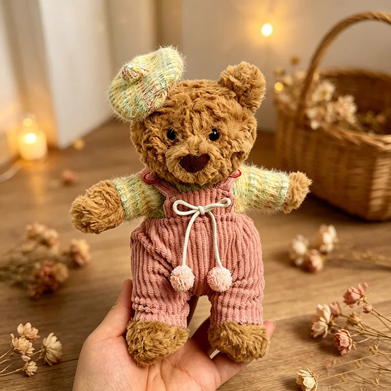 Tiny Bartholomew Bear clothes outfits - Pink Heart Pom-Pom Overalls