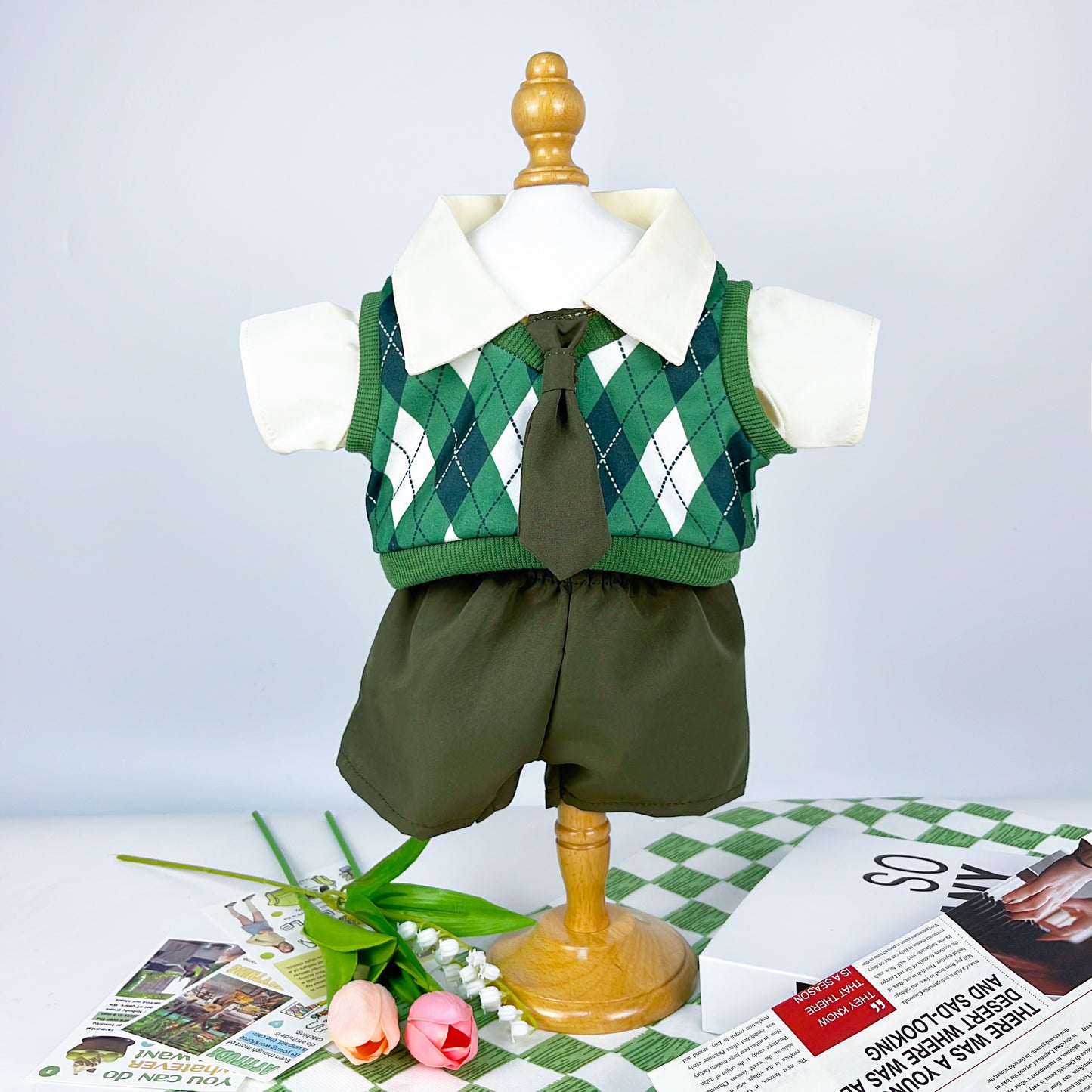 Large Bartholomew Bear clothes outfits - Green Argyle Vest 3-Piece Set