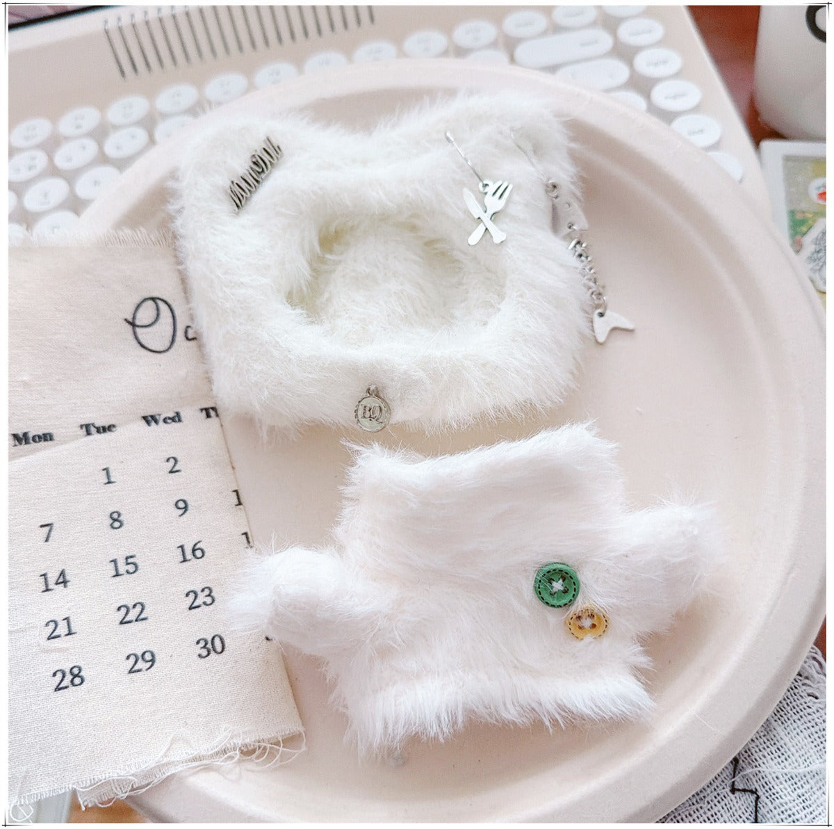 Tiny Bartholomew Bear clothes outfits - Kitty Beanie & Fluffy Turtleneck Sweater (White)