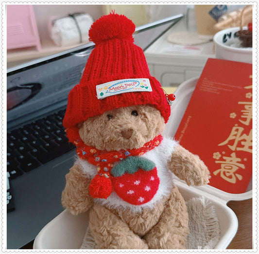 Tiny Bartholomew Bear clothes outfits - Berry Sweater & Red Knit Hat & Red Polka Dot Scarf
