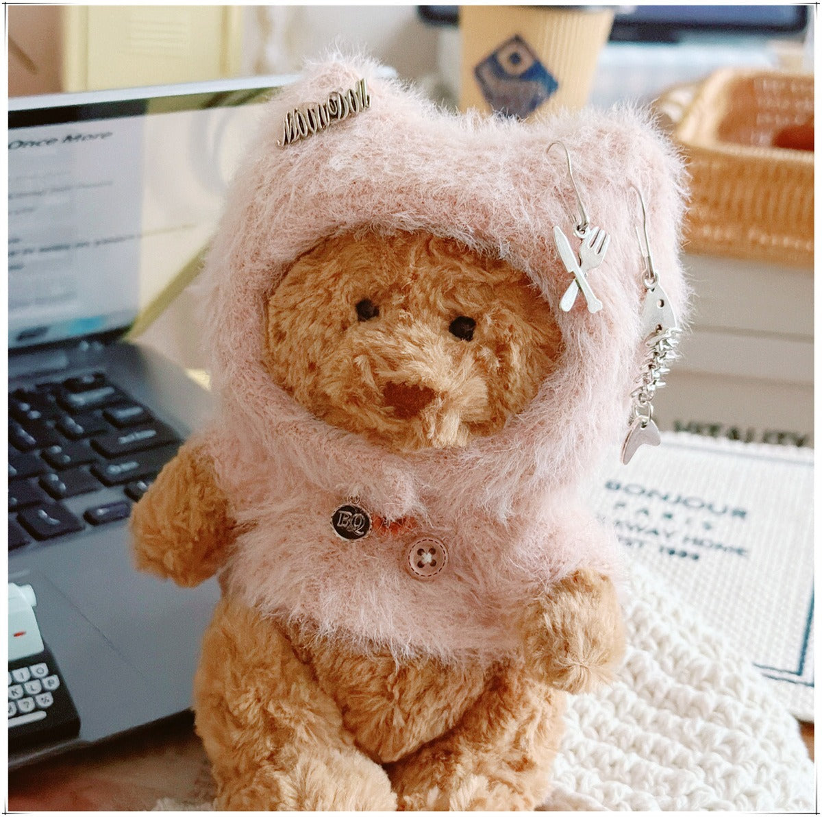 Tiny Bartholomew Bear clothes outfits - Kitty Beanie & Fluffy Turtleneck Sweater (Light Brown)