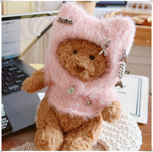 Tiny Bartholomew Bear clothes outfits - Kitty Beanie & Fluffy Turtleneck Sweater (Pink)