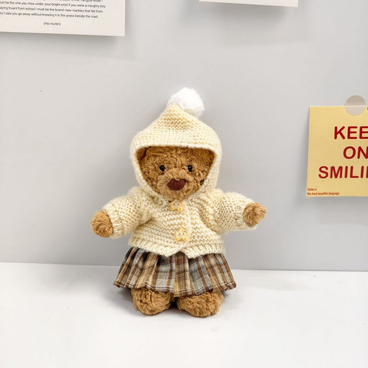 Tiny Bartholomew Bear clothes outfits - Butter Yellow Hooded Knit & Yellow Plaid Dress