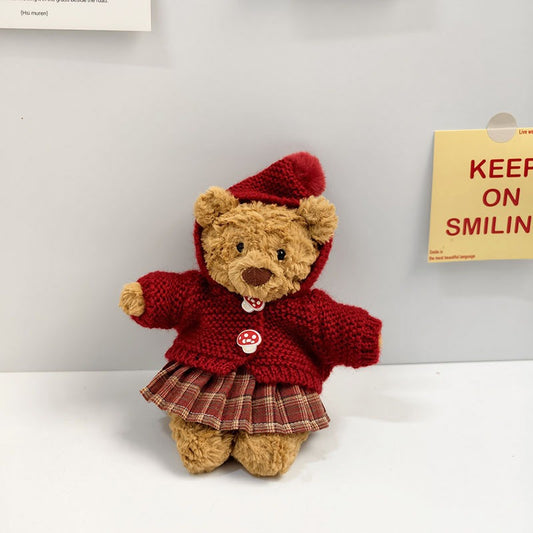Tiny Bartholomew Bear clothes outfits - Burgundy Hooded Knit & Red Plaid Dress