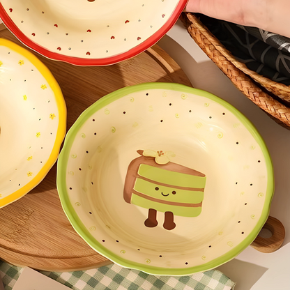 Adorable Ceramic 8inch Dessert Plate – Underglaze Cartoon Cake & Snack Dish, Sweetheart Style set of 4