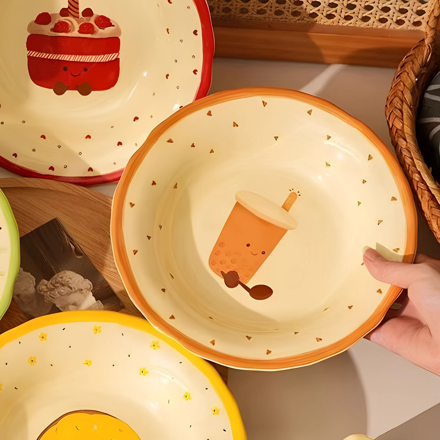 Adorable Ceramic 8inch Dessert Plate – Underglaze Cartoon Cake & Snack Dish, Sweetheart Style set of 4