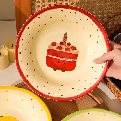 Adorable Ceramic 8inch Dessert Plate – Underglaze Cartoon Cake & Snack Dish, Sweetheart Style set of 4