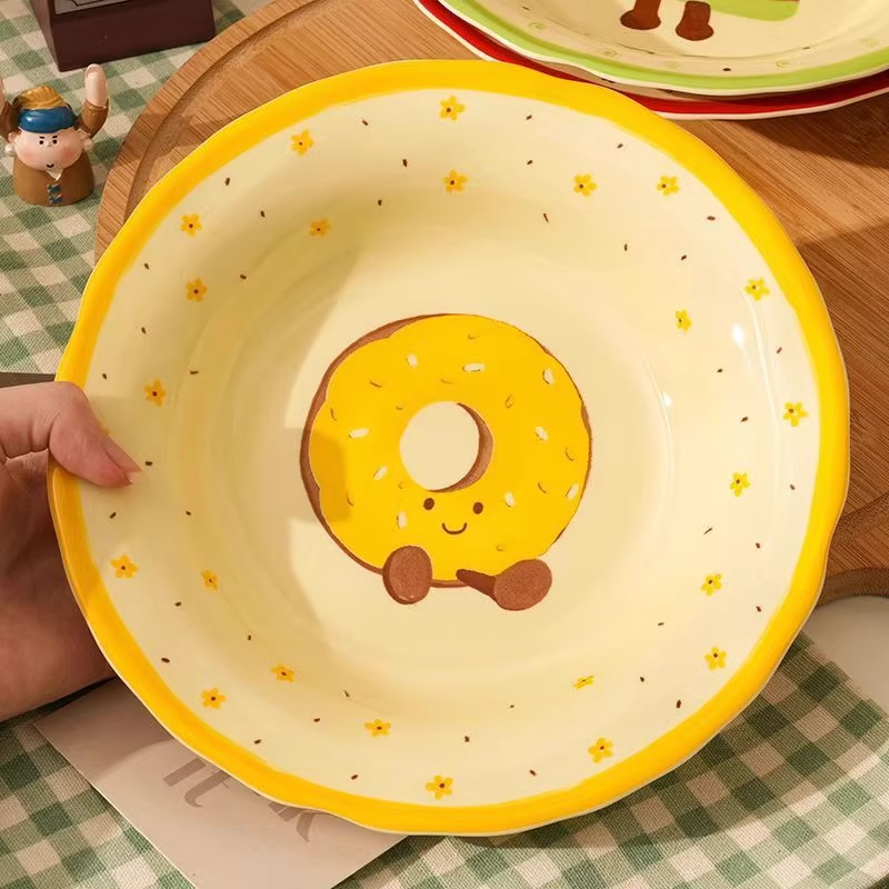 Adorable Ceramic 8inch Dessert Plate – Underglaze Cartoon Cake & Snack Dish, Sweetheart Style set of 4