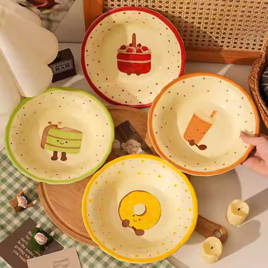 Adorable Ceramic 8inch Dessert Plate – Underglaze Cartoon Cake & Snack Dish, Sweetheart Style set of 4