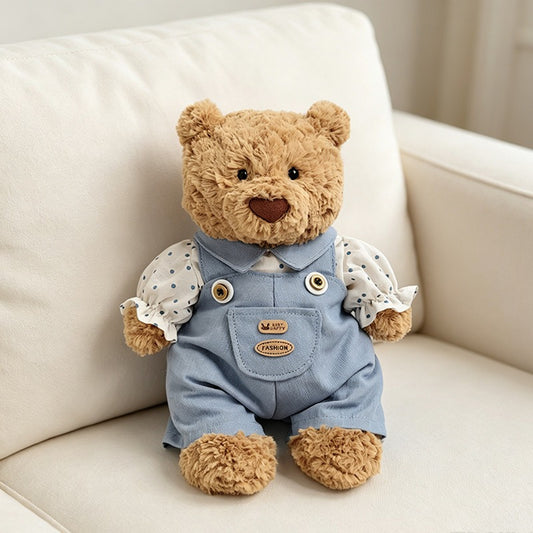 Blue Overalls with Polka Dot Shirt for Bartholomew Bear Plush – 10-Inch Outfit