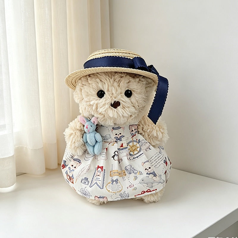 Sailor Penguin Dress with Blue Comforter and Navy-Ribbon Straw Hat for Bartholomew Bear Plush – 7-Inch Outfit