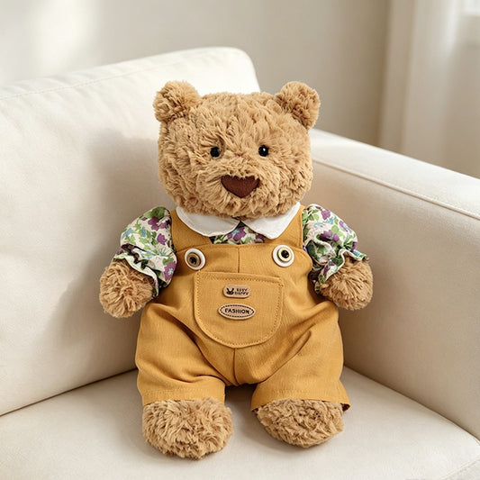 Yellow Overalls with Green Floral Print for Bartholomew Bear Plush – 10-Inch Outfit