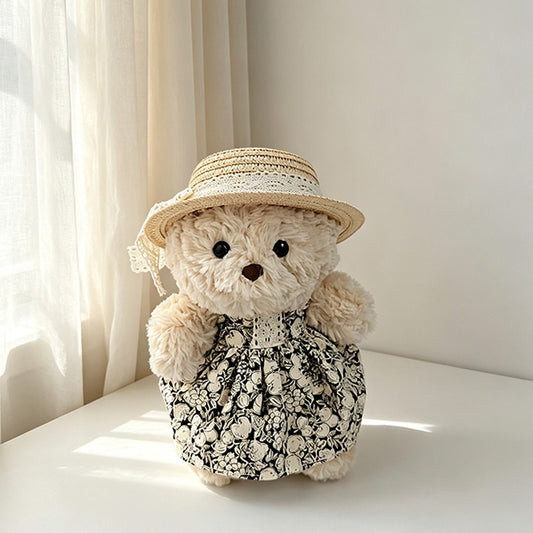 Black Floral and Fruit Dress with Lace-Ribbon Straw Hat for Bartholomew Bear Plush – 7-Inch Outfit