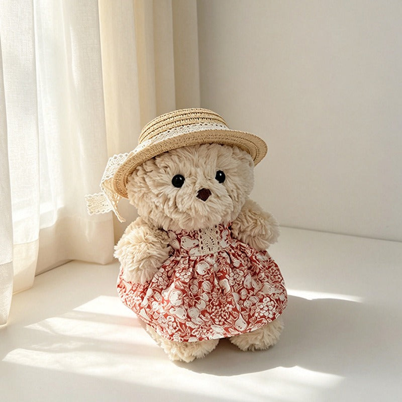 Red Floral and Fruit Dress with Lace-Ribbon Straw Hat for Bartholomew Bear Plush – 7-Inch Outfit
