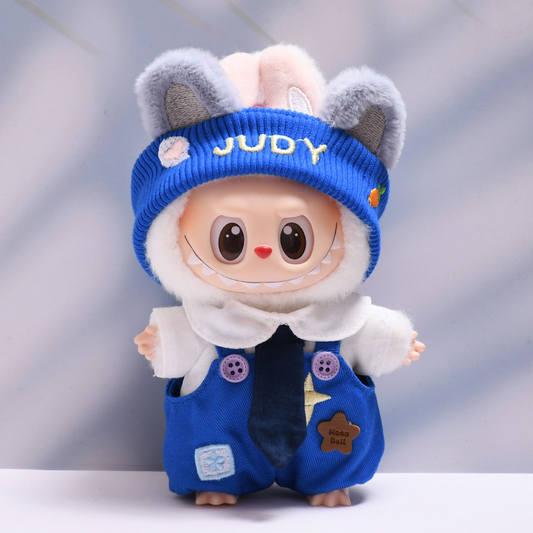 4inch bag charm clothes outfits - Blue police overalls, tie & knit ear beanie