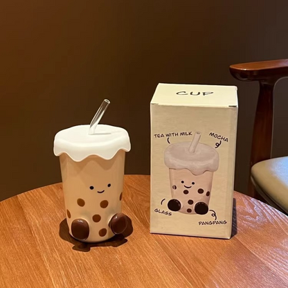 Adorable short leg milk tea bottle 450ml with straw - Functional Design