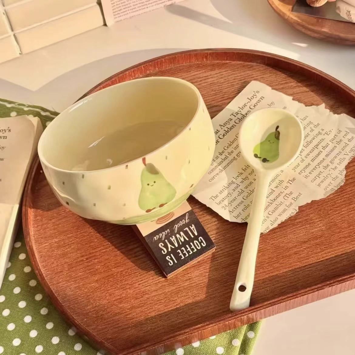 Adorable Cute Fruit Croissant Ceramic Rice Bowl Underglaze Tableware with Spoon set of 4