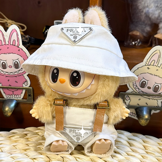 4inch bag charm cute custom clothes outfits - White logo overall & hat- 0523