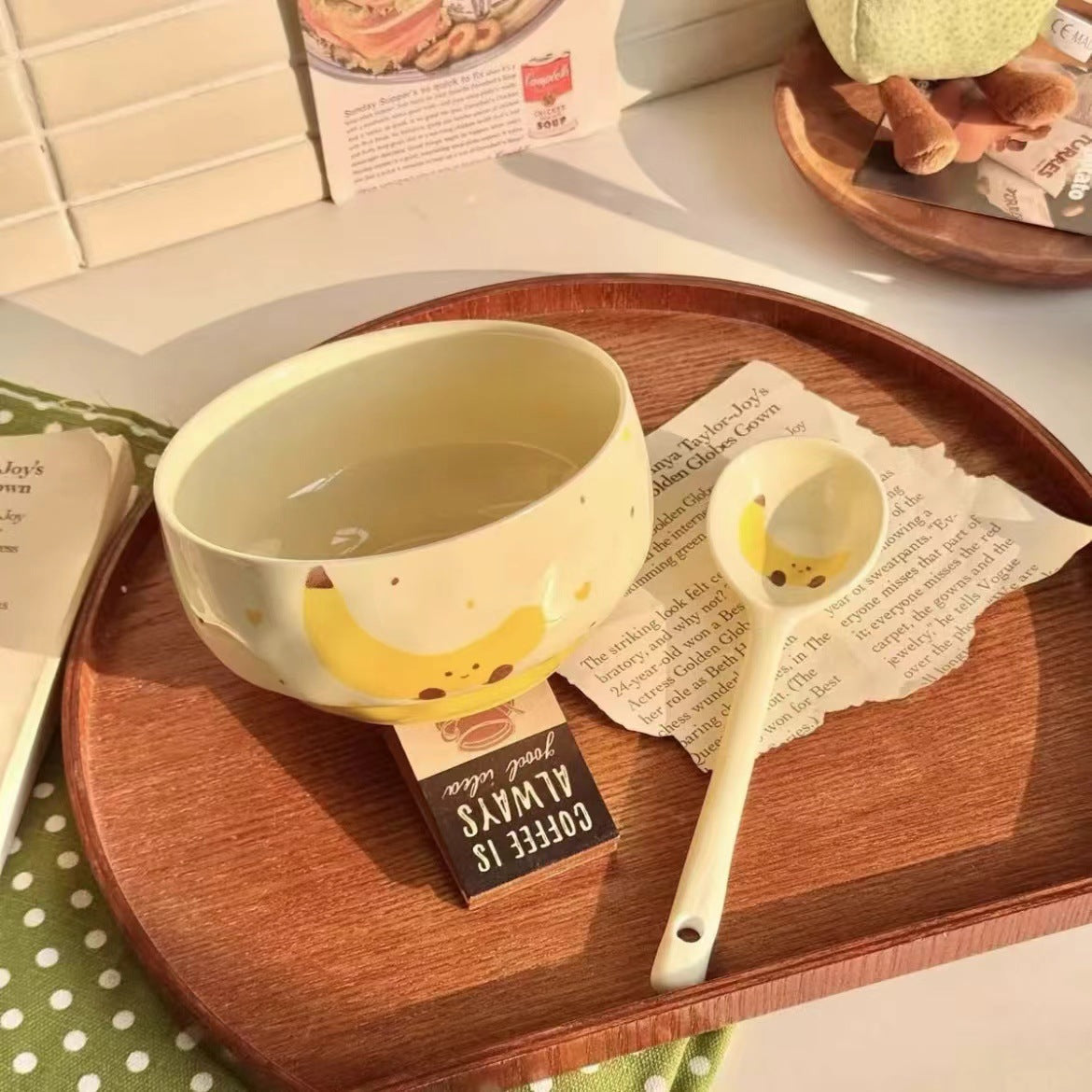 Adorable Cute Fruit Croissant Ceramic Rice Bowl Underglaze Tableware with Spoon set of 4