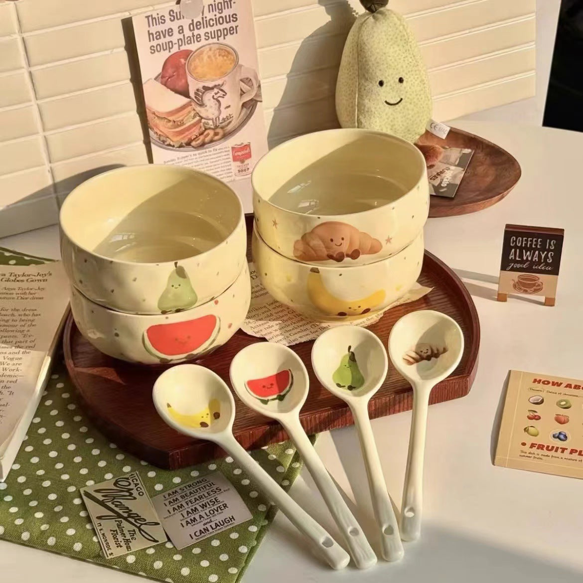 Adorable Cute Fruit Croissant Ceramic Rice Bowl Underglaze Tableware with Spoon set of 4