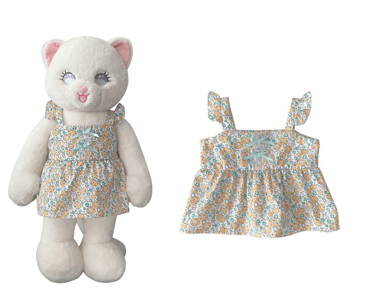 Yellow Floral Dress with Bow Costume for Bartholomew Bear Plush – 14-Inch Outfit