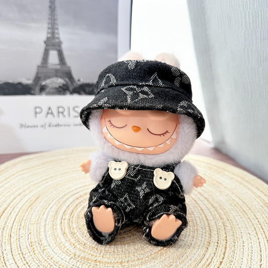 4inch bag charm cute custom clothes outfits - Bear black logo overall & hat- LBB014