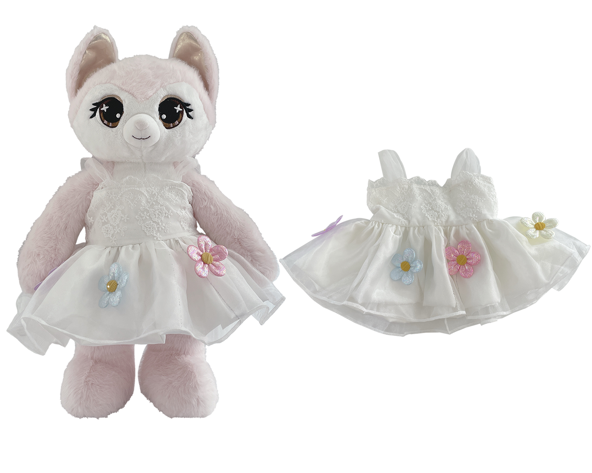 Rainbow Floral White Tulle Dress for Bartholomew Bear Plush – 14-Inch Outfit