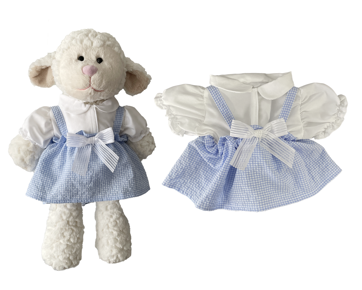 Blue Plaid Pinafore Dress & Blouse Outfit for Bartholomew Bear Plush – 14-Inch Outfit