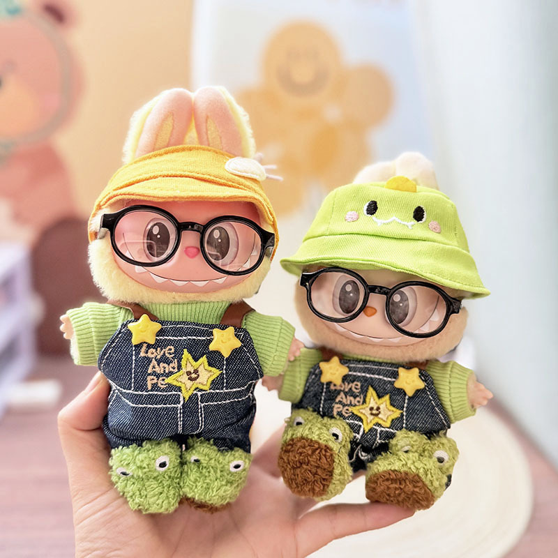 4inch bag charm cute custom clothes outfits - green frog overall & hat & glass - 0523