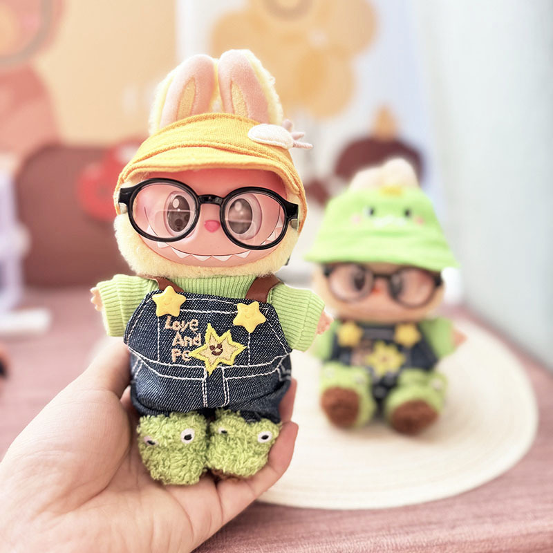 4inch bag charm cute custom clothes outfits - green frog overall & hat & glass - 0523
