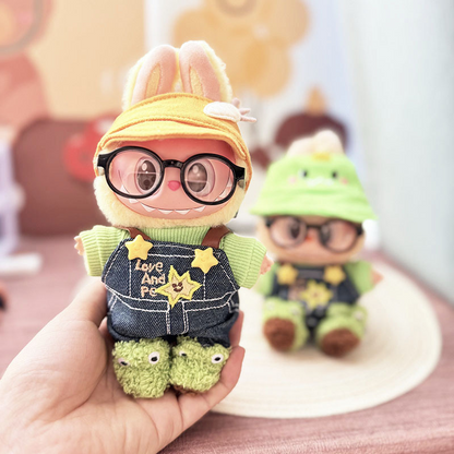 4inch bag charm cute custom clothes outfits - green frog overall & hat & glass - 0523