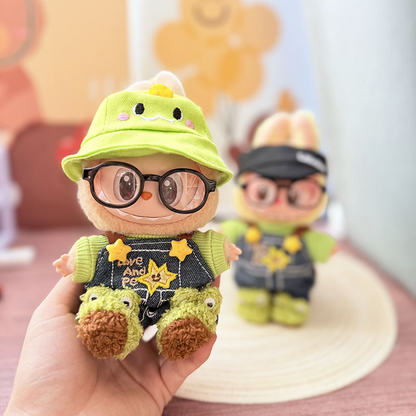 4inch bag charm cute custom clothes outfits - green frog overall & hat & glass - 0523