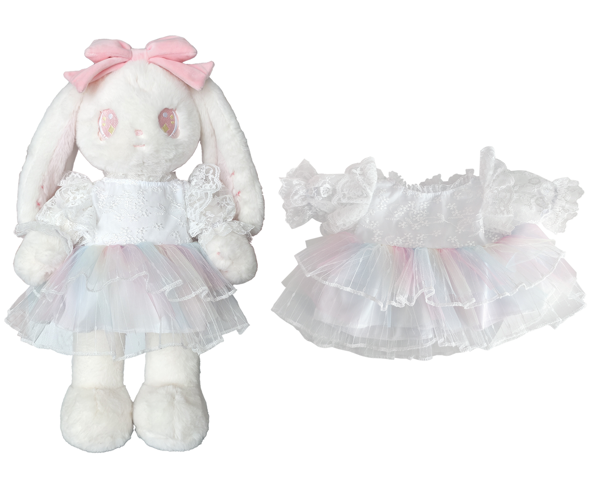 White Lace Rainbow Tulle Dress for Bartholomew Bear Plush – 14-Inch Outfit