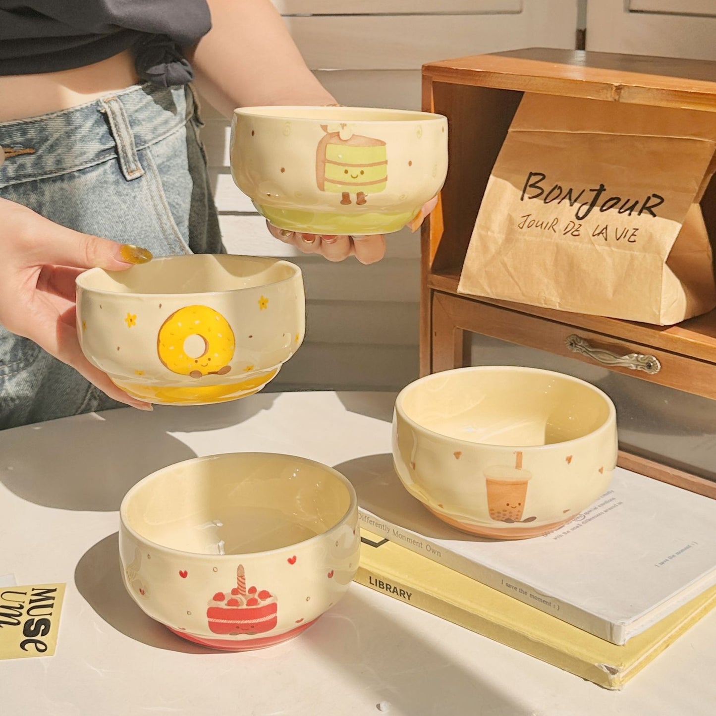 Adorable Ceramic Rice Bowl for Kids & Adults – Cute Underglaze Tableware set of 4