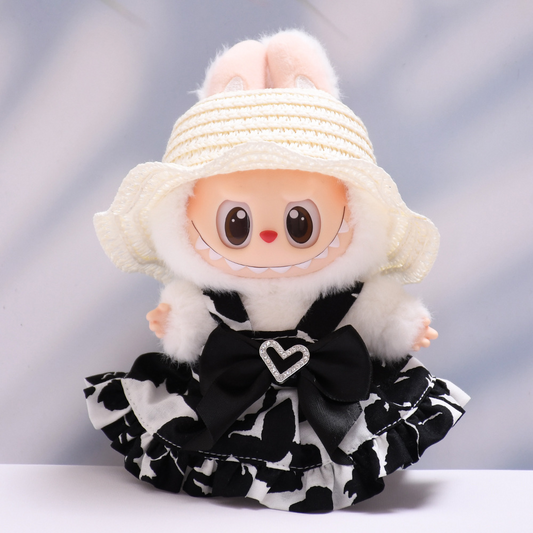 4inch bag charm cute custom clothes outfits - black white dress & straw hat - 0523