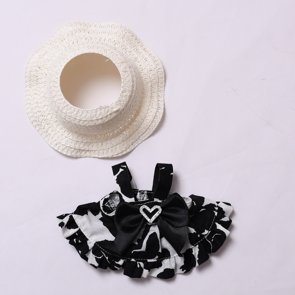 4inch bag charm cute custom clothes outfits - black white dress & straw hat - 0523