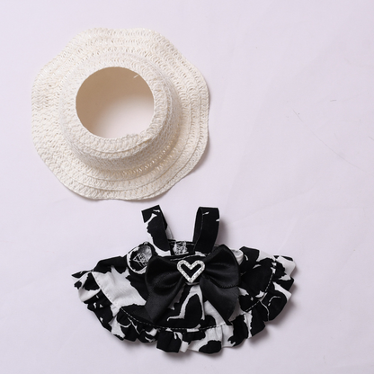 4inch bag charm cute custom clothes outfits - black white dress & straw hat - 0523