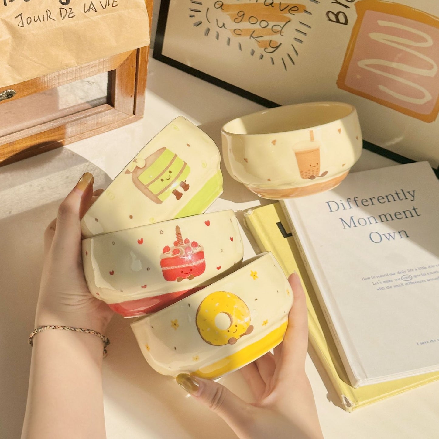 Adorable Ceramic Rice Bowl for Kids & Adults – Cute Underglaze Tableware set of 4