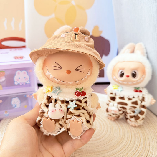 4inch bag charm cute custom clothes outfits - giraffe overall & capybara hat - 052307